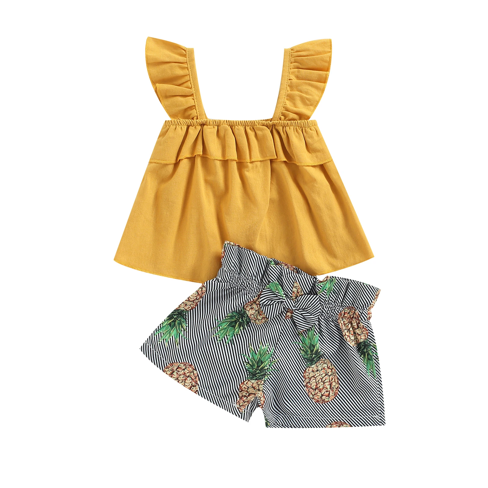 

Toddler Baby Girls Summer Outfit Sets Yellow Ruffle Sleeve Camisole + Pineapple Print Striped Shorts 6M-3T