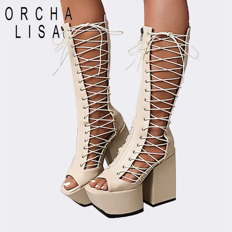 

ORCHA LISA Women Knee High Summer Boots Peep Toe Thick Heels Cross-Tied Zipper Platform Rome Plus Size 35-46 Black Apricot S3604
