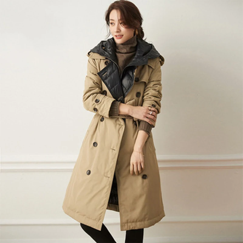 

2021 Женская ветровка с капюшоном, пуховик, Осень-зима, женская теплая длинная толстая парка с пуховиками и перьями, верхняя одежда с поясом