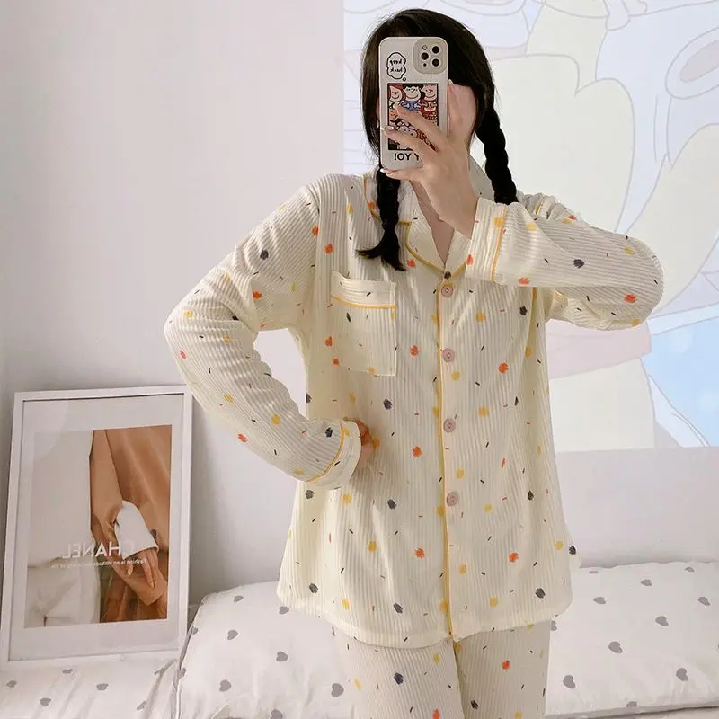 Yasuk Spring Autumn Fashion Women's Casual Soft Milk Silk Sleepwear Homewear Pajamas Set With Pants Color Dots Print Cute Girl