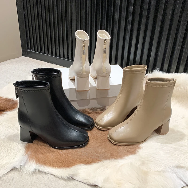

Square Head Thick Heel Martin Boots for Women 2023 New Autumn and Winter Zipper Ankle Boots Low Leg High Heel Skinny Women Boots