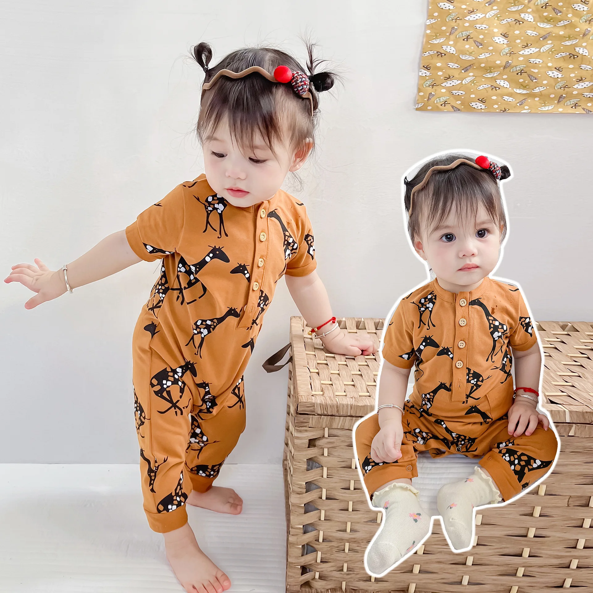 

Infant Girl Summer Casual Personality Giraffe Print Short Sleeves Jumpsuit Super Cute Thin Cotton Baby Boy Romper One Piece