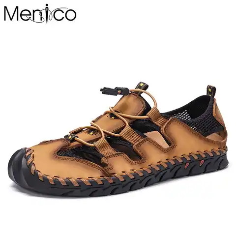 Сандалии Menico мужские с ручной строчкой, кожаные босоножки с сеткой, Нескользящие, Повседневная пляжная обувь, клоги, летние размеры 39-47