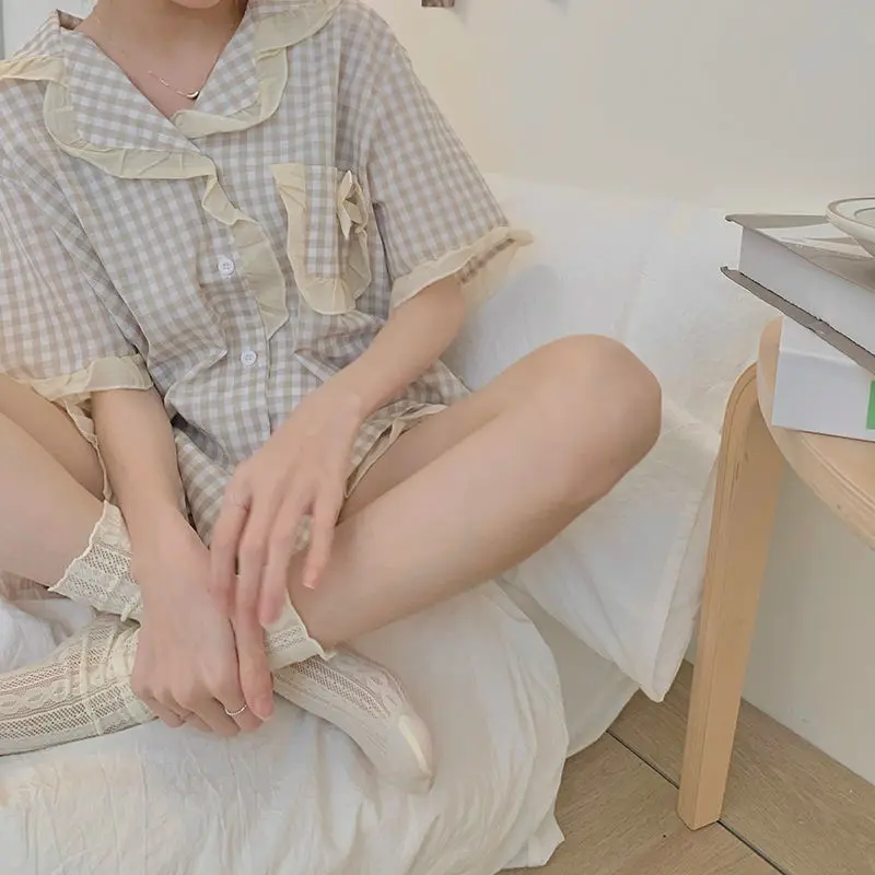 Пижамный комплект Женский клетчатый милая дизайнерская Кружевная летняя одежда