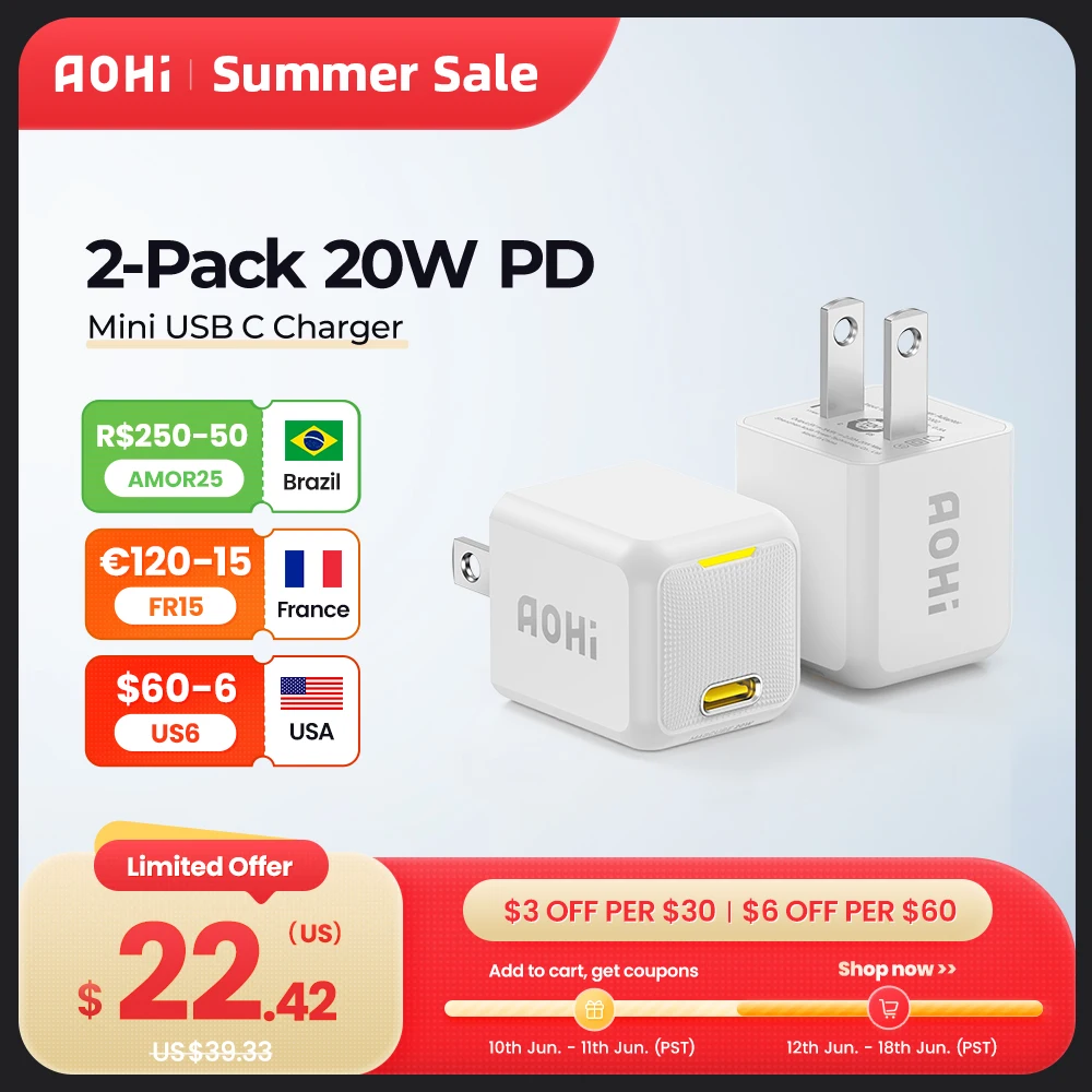 

Зарядное устройство AOHI GaN, 20 Вт, USB C, PD 3,0 QC 3,0