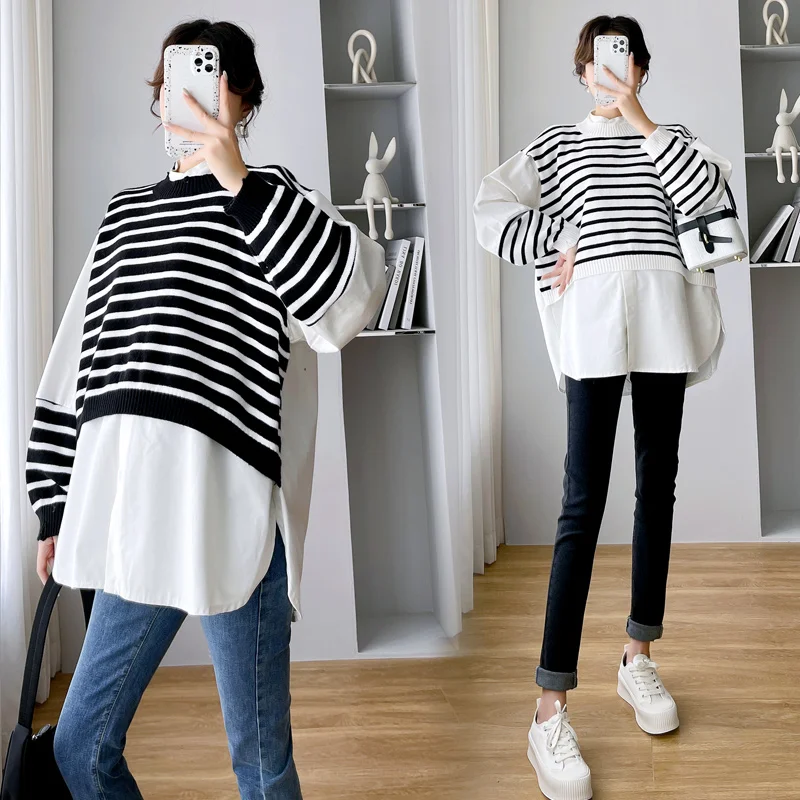 

210 # Осень Корейская мода полосатая Лоскутная хлопковая блузка для беременных Ins Свободная рубашка Одежда для беременных женщин топы для бер...