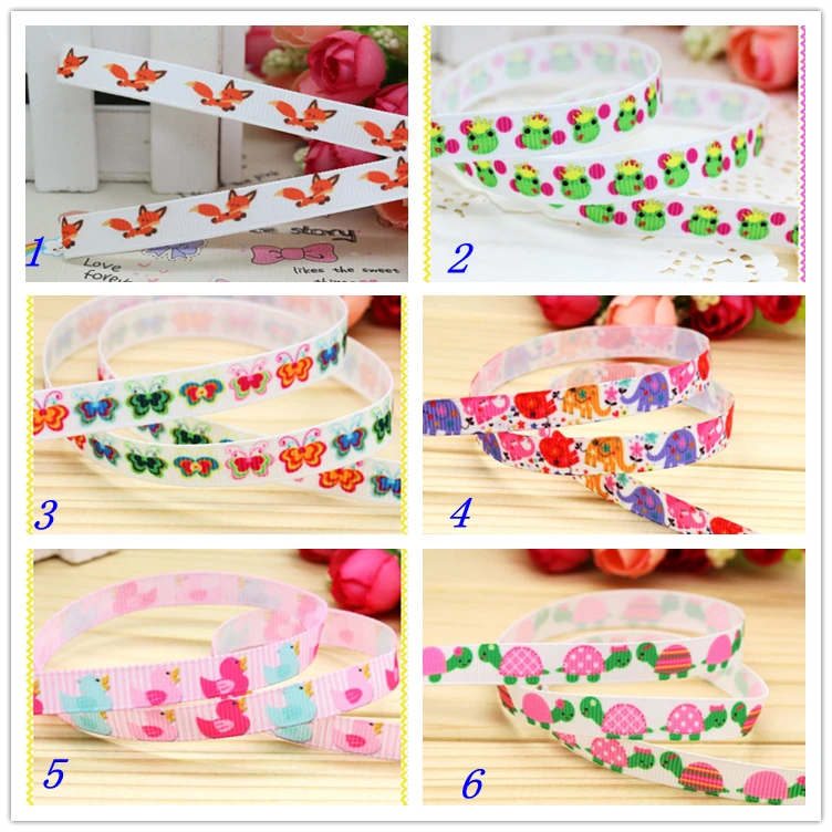 

3/8'' Free shipping fox frog elephant duck printed grosgrain ribbon hair bow headwear party decoration wholesale OEM 9mm D159