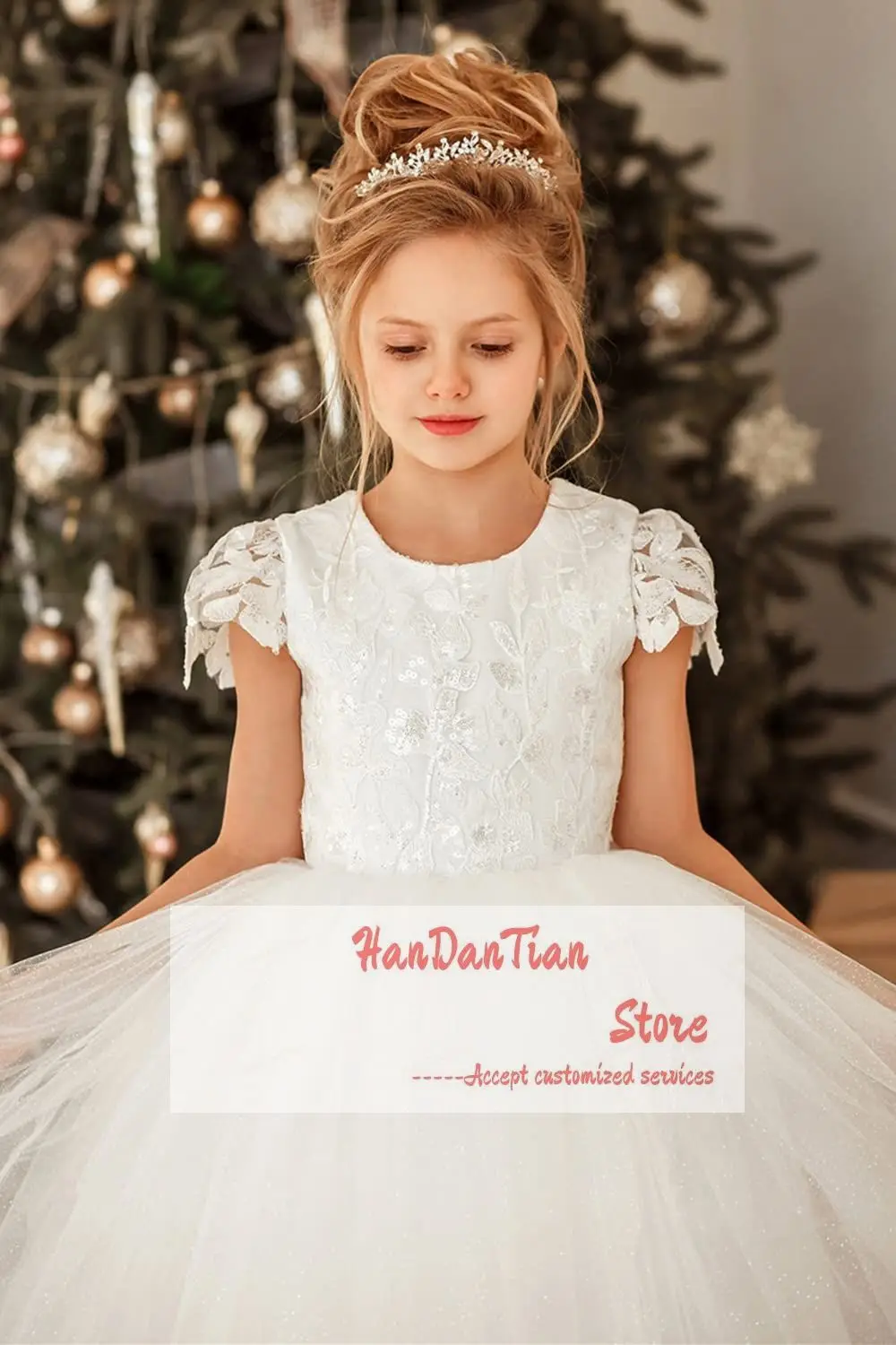 

Flower Girls Lace Cap Sleeve Dress Puffy Tulle Back V-Neck Pageant Prom Gown with Bow