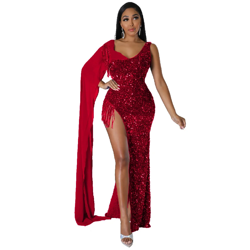 

Fashionable new U-neck sleeveless strapless open cut buttocks evening dress shawl sequins tassel sexy dress