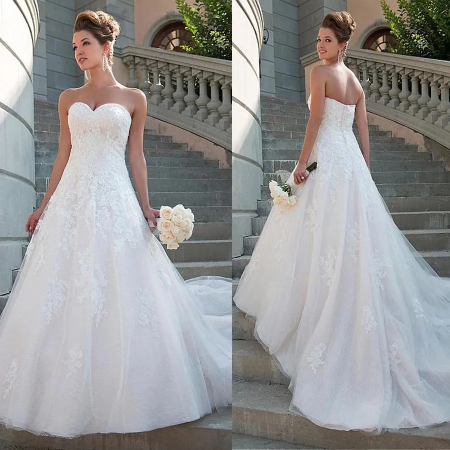 

VENSANAC Appliques Strapless A Line Sweep Train Wedding Dresses Off the Shoulder Backless Lace Bridal Gown