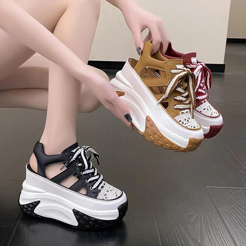 10CM Hollow Summer Sandals Wedge Heels Leather Sneakers Women High Platform Beach Flip Flops Casual Breathable Walking Slippers