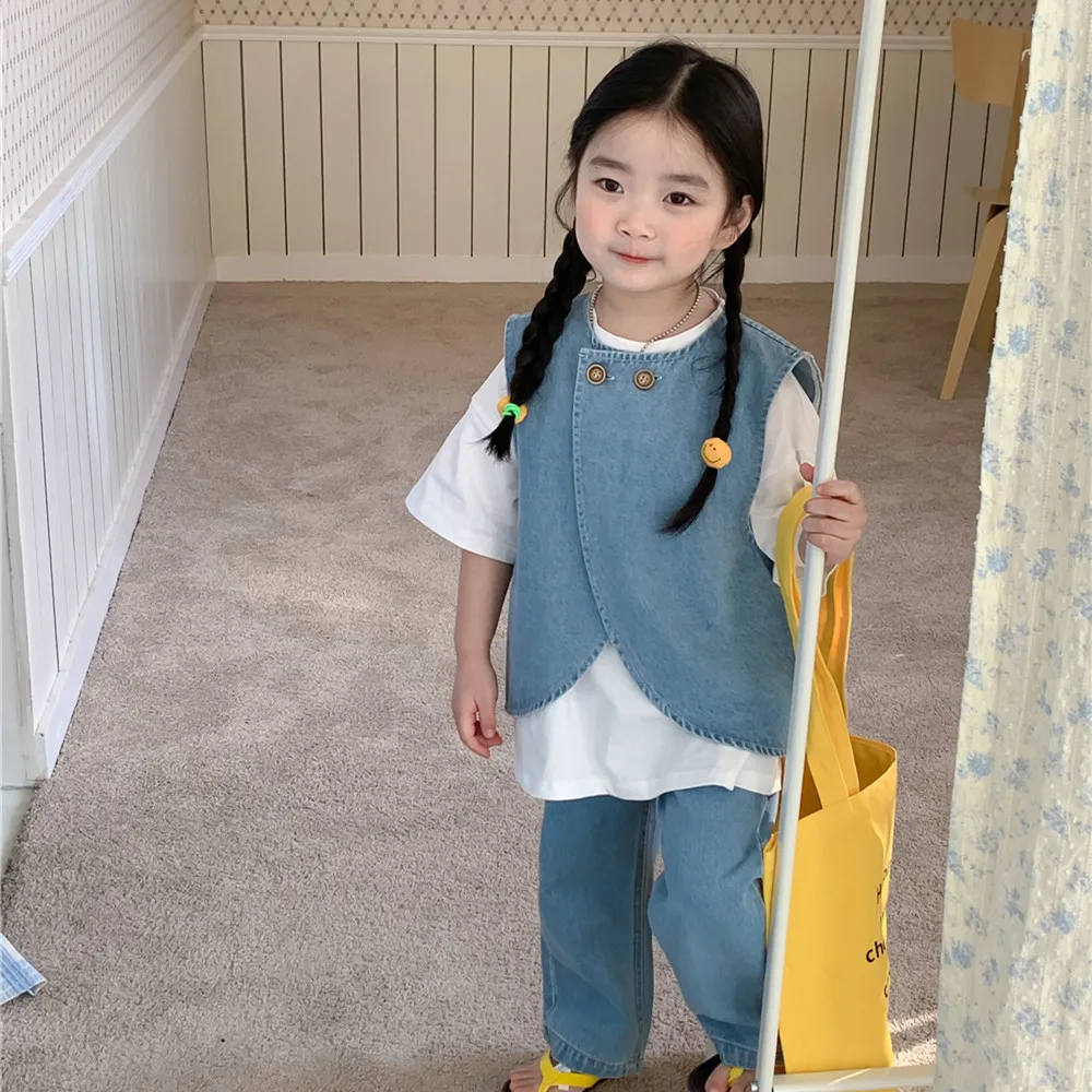 

Одежда для маленьких девочек, детская одежда, шикарный джинсовый жилет для девочек, куртка неправильной формы + широкие штаны, джинсы, детская одежда, костюм из 2 предметов