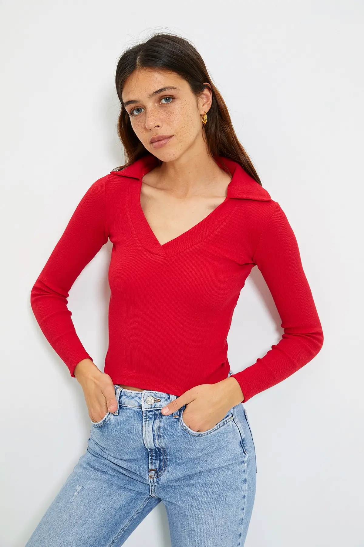 

Trendyol Polo Neck Crop Knitted Blouse TWOAW22BZ0526