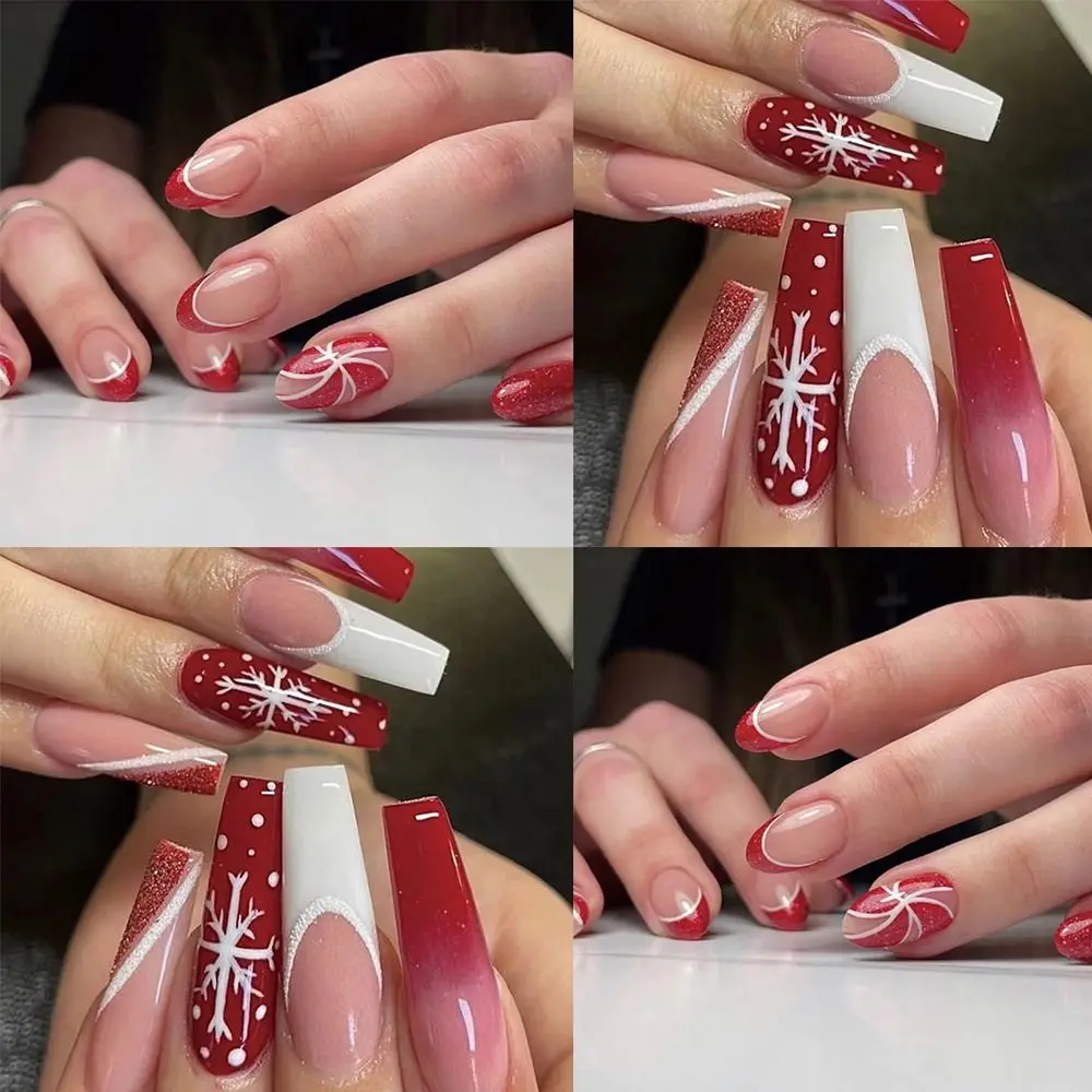 

24pcs DIY Manicure Long Coffin Almond French Ballerina Full Cover Fake Nails Santa Claus Snowflake Christmas