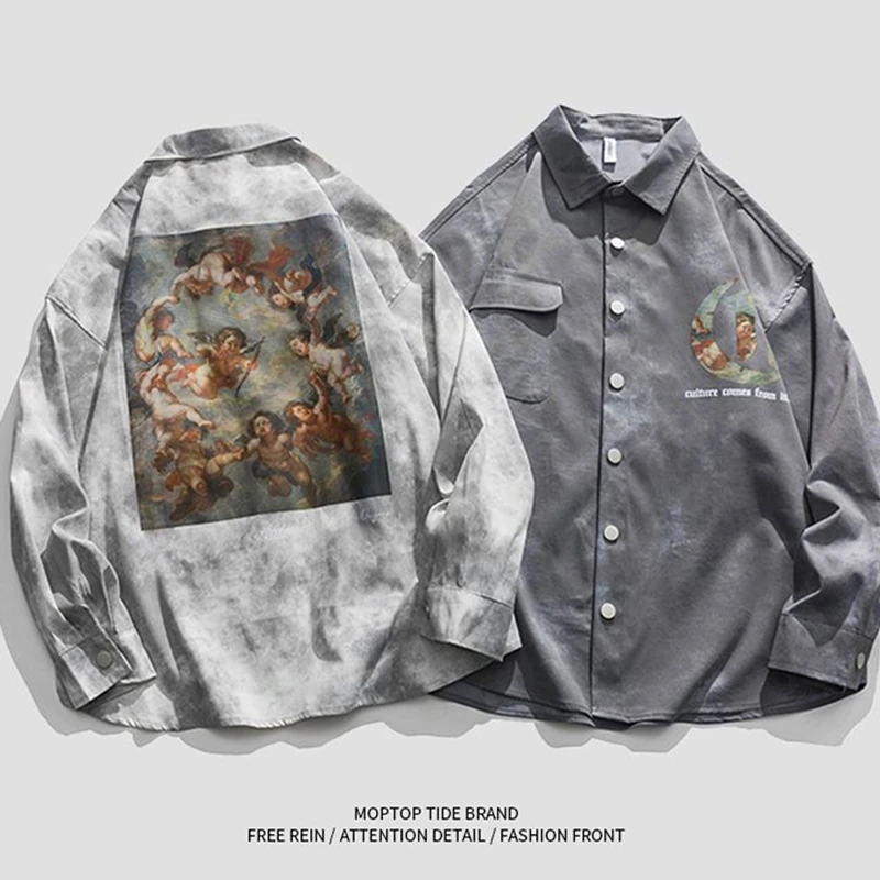 

Vintage Hip Hop Brand Angels Cute Mens Oversized Button Up Shirts 3XL Loose Winter Blouse Korean Streetwear Long Sleeve Y2K Top