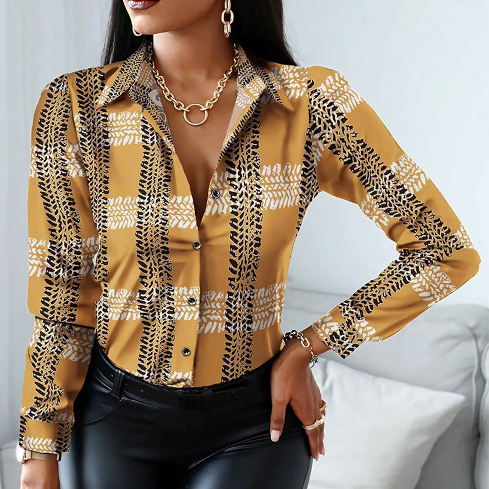 

Shirts Colorful Long T-Shirts Women Button-Down Print Casual Splice Blouses Loose Collar Tops Shirt Sleeve Women's Womens V Neck