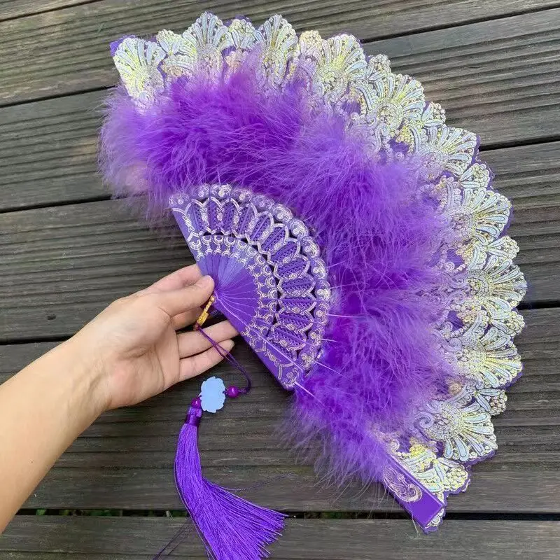 

Lolita Feather Folding Fan Japanese Sweet Fairy Girl Dark Gothic Court Dance Hand Fan with Pendant Gift Wedding Party Decoration