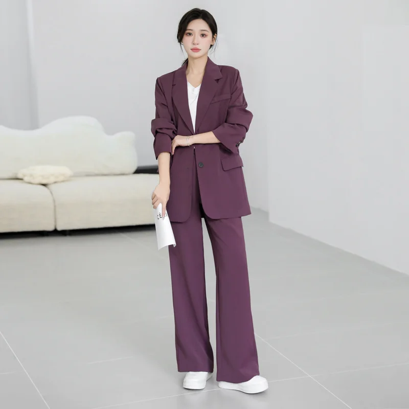 2023 Spring Purple Blazers Wide-leg Pants Suits Clothing Suit for Women Korean Style Casual Loose Two Piece Set Office Lady Wear