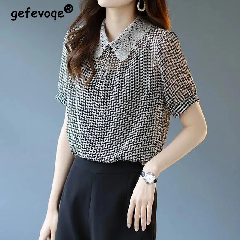 

Elegant Houndstooth Printed Lace Lapel Oversized Chiffon Shirts Summer Korean Casual Tops Loose Commute Female Clothing Blouses