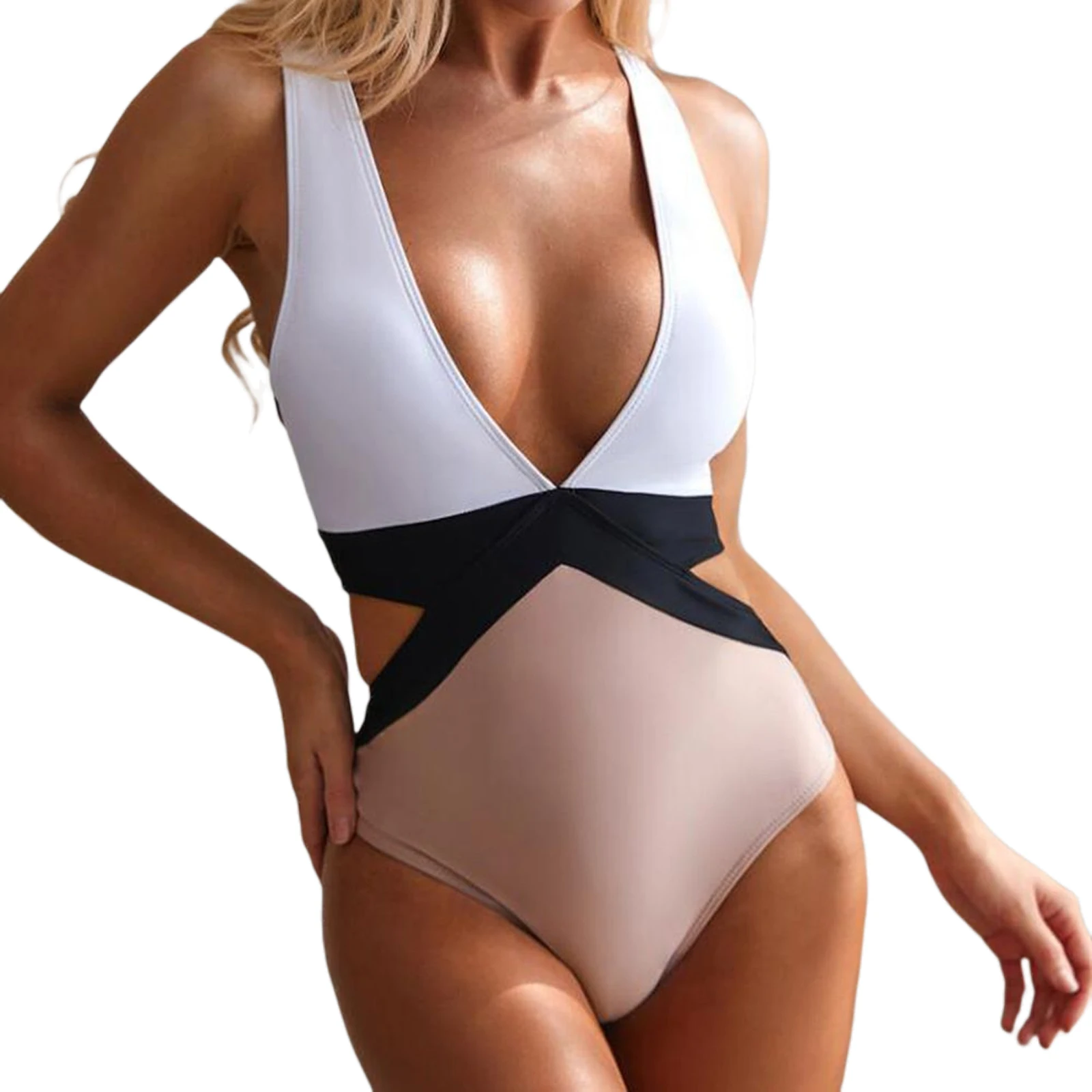 

Patchwork One Piece Swimsuit Womens Sexy Comfortable Sleeveless Bodysuit One-piece Suit for Swimming Beach Vacation 1pc