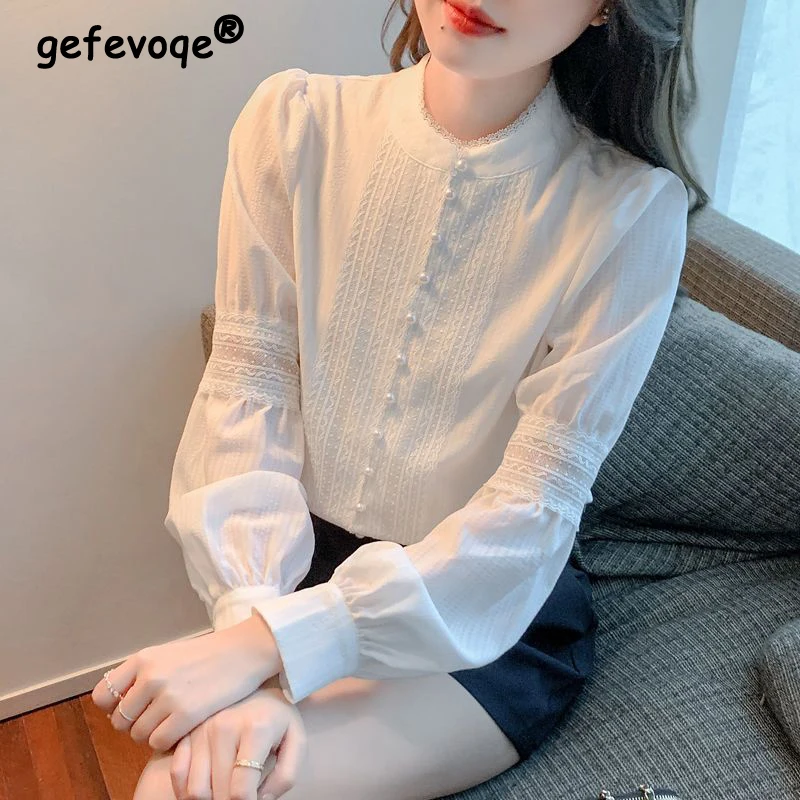 

Lace Beaded Chic Sweet Elegant Stand Collar White Casual Shirts Fashion Vintage Palace Loose Long Sleeve Tops Blouses for Women