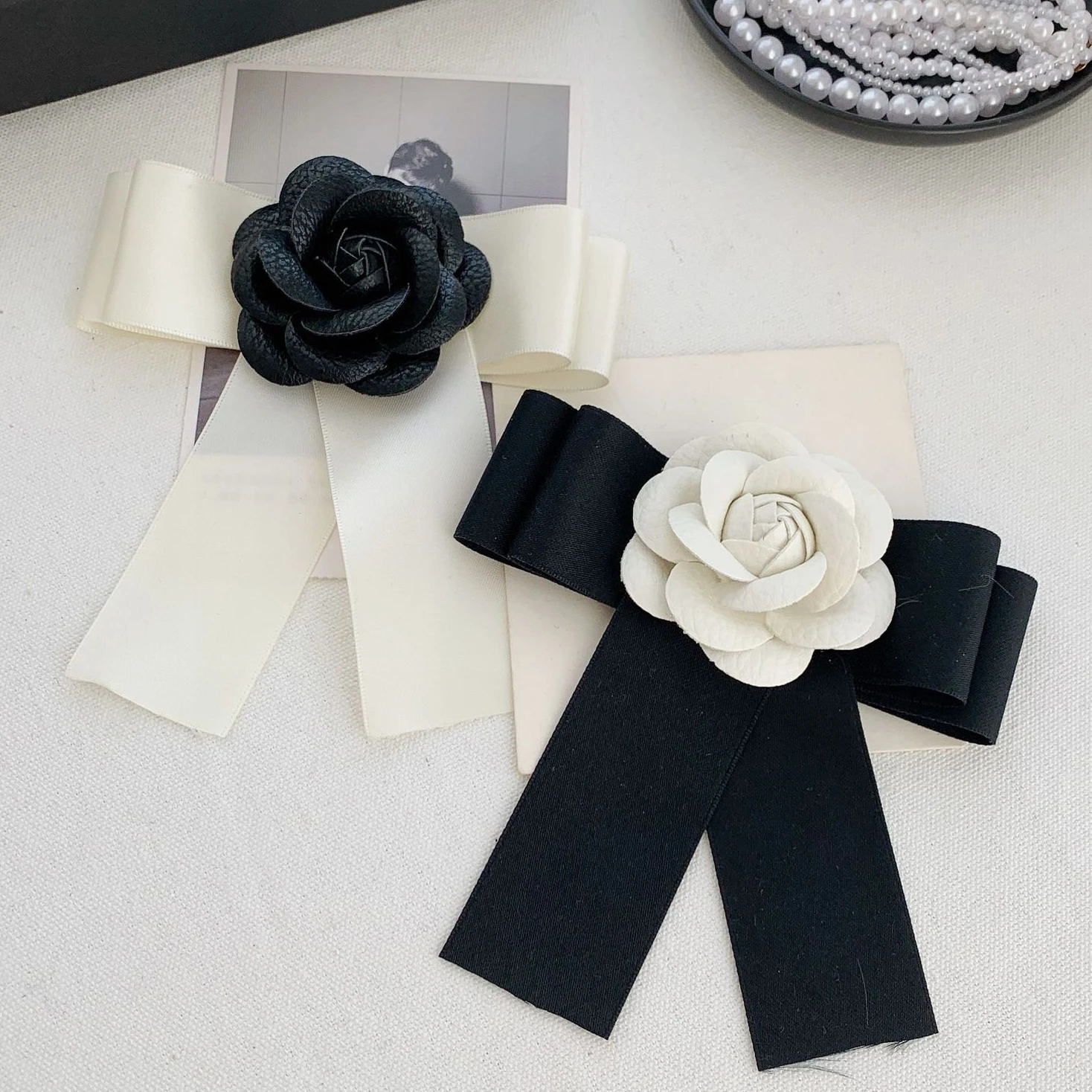 

New White Camellia Bow Tie Brooch Hairpin Fashion Korean Women's Preppy Uniform Shirt Accessories Collar Flower Gifts for Women