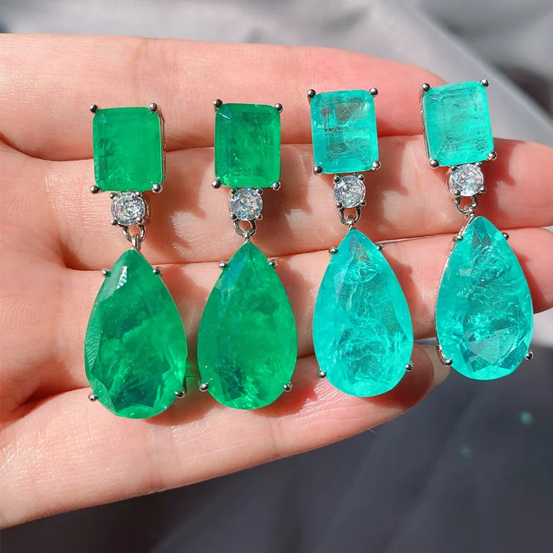 

2023 Trend Paraiba Tourmaline Emerald Gemstone Big Drop Earrings for Women Cocktail Party Fine Jewelry Anniversary Female Gift