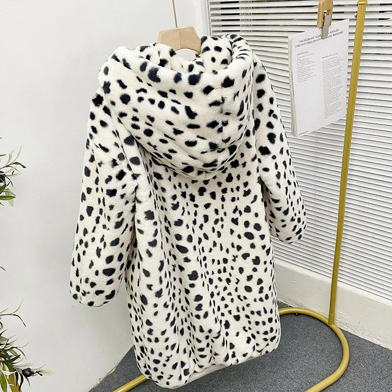 Faux Fur Hooded Coat Women 2022 Winter Loose Lovely Print Long Jackets Female Vintage Casual Cotton Lining Oversized Outerwear