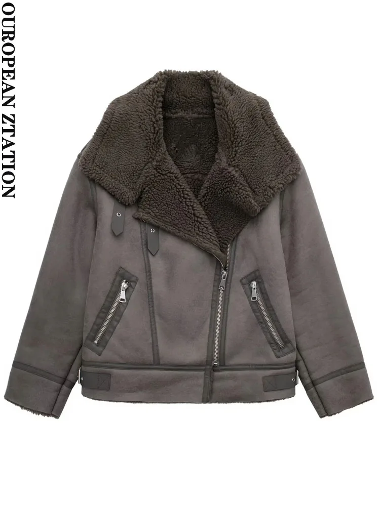 PAILETE Women 2022 fashion thick warm faux shearling jacket coat vintage long sleeve front zipper female outerwear chic tops