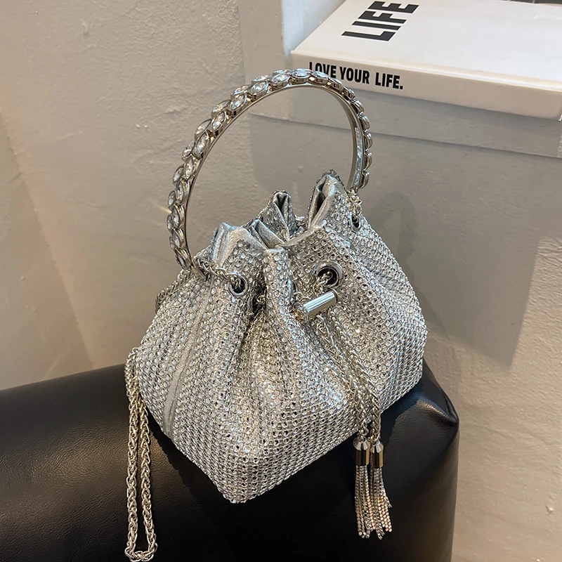 Evening Party Bucket Purse Luxury Diamonds Bag Designer Brand Women Handbag Shinny Rhinestone Shoulder Crossbody Bag