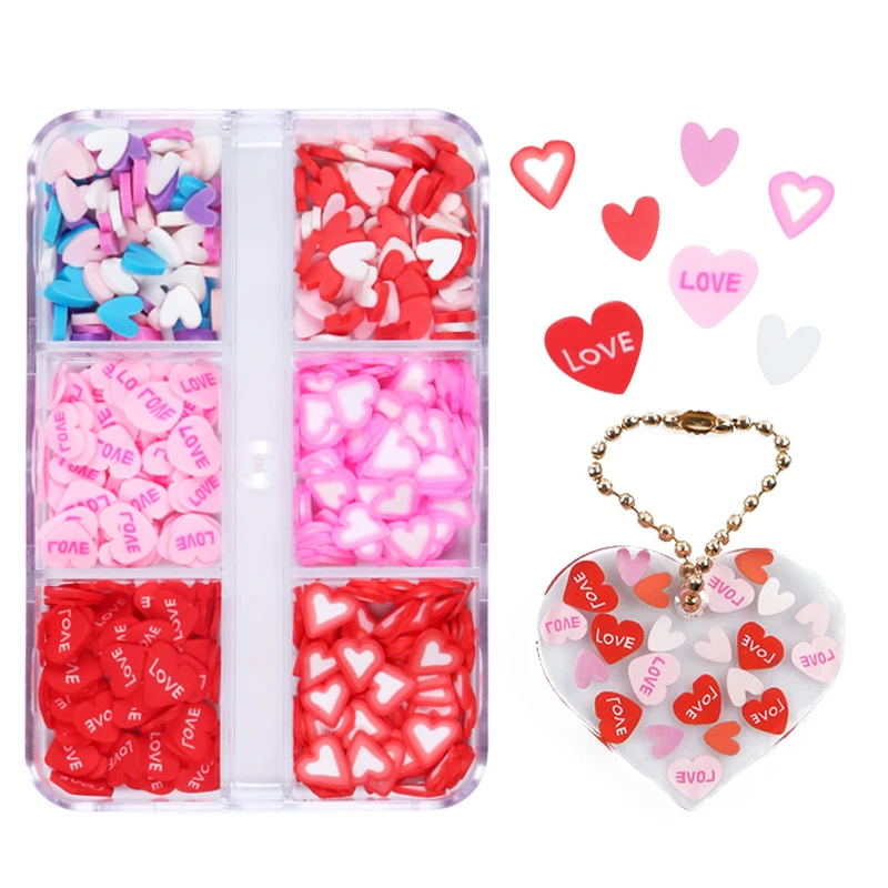 

3D Love Heart Polymer Clay Slices Resin Filler Hearts Shape Epoxy Resin Filling Crystal Mud Slime Flakes Valentines Handmade DIY