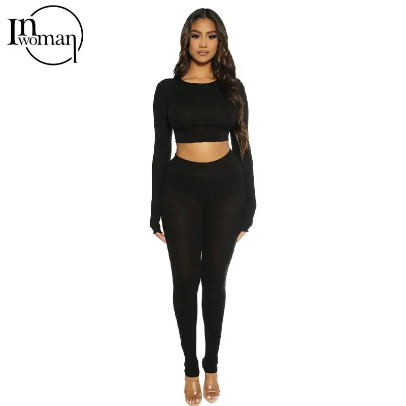 

Женский весенний комплект из двух предметов, белый укороченный топ с длинным рукавом и облегающие брюки