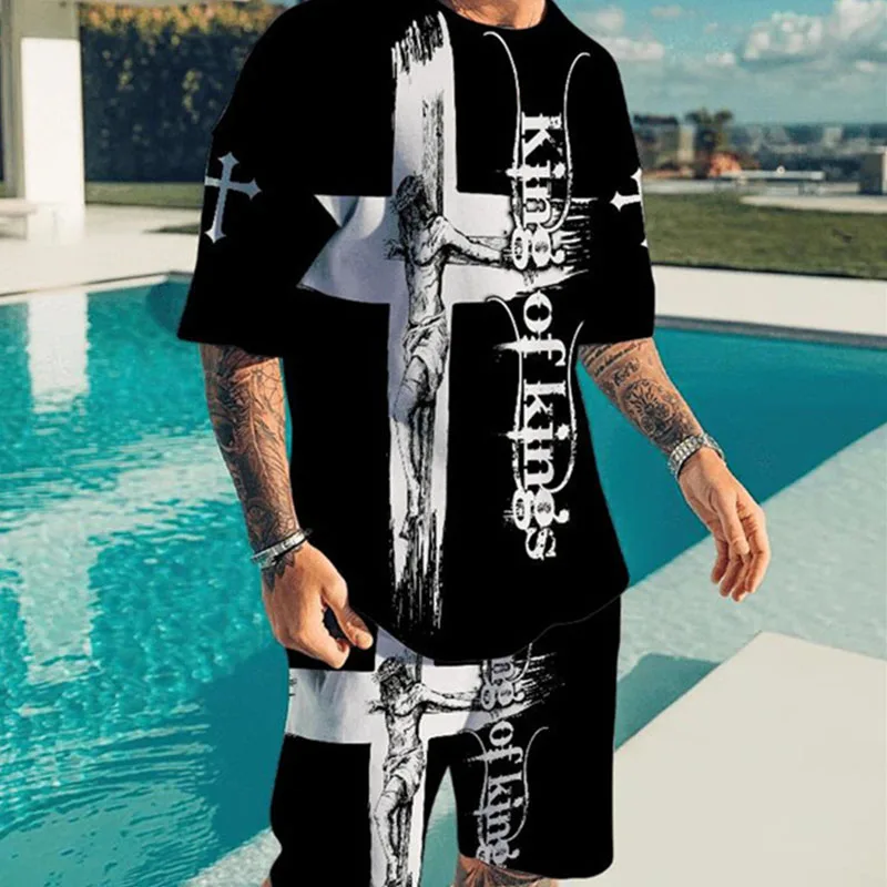 

Костюм мужской летний из футболки и шортов, Винтажная Футболка с принтом Иисуса и шорты, комплект из двух предметов с 3d футболкой