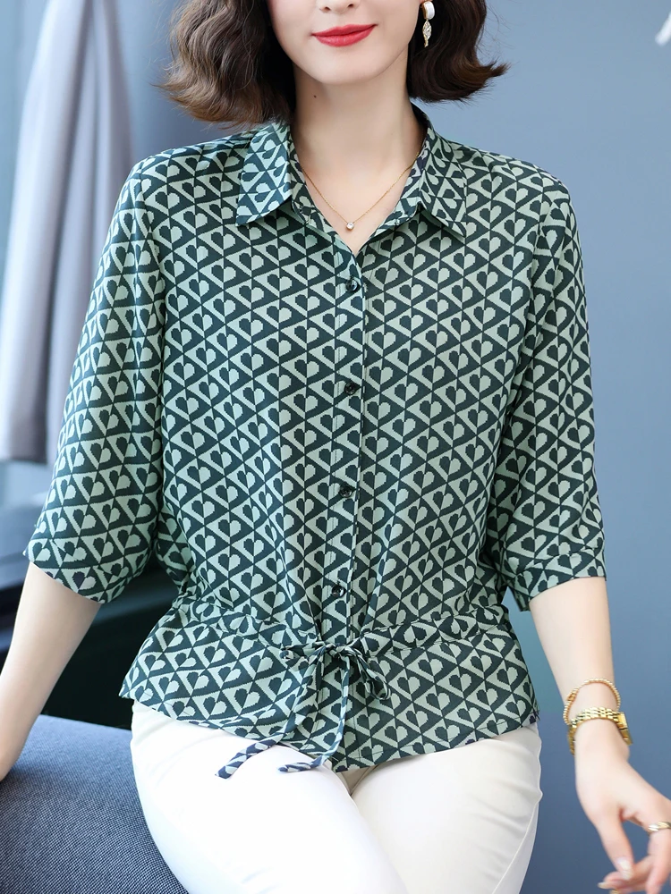 

Женская рубашка с геометрическим принтом, летний топ с рукавом до локтя, женская модная винтажная однобортная шифоновая блузка в Корейском стиле, 2023