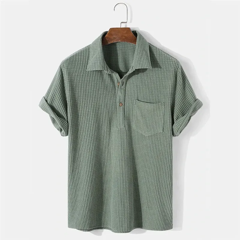 Mens Plaid Short Sleeve Shirts Casual Tops Loose Solid Color Lapel Comfort Shirts