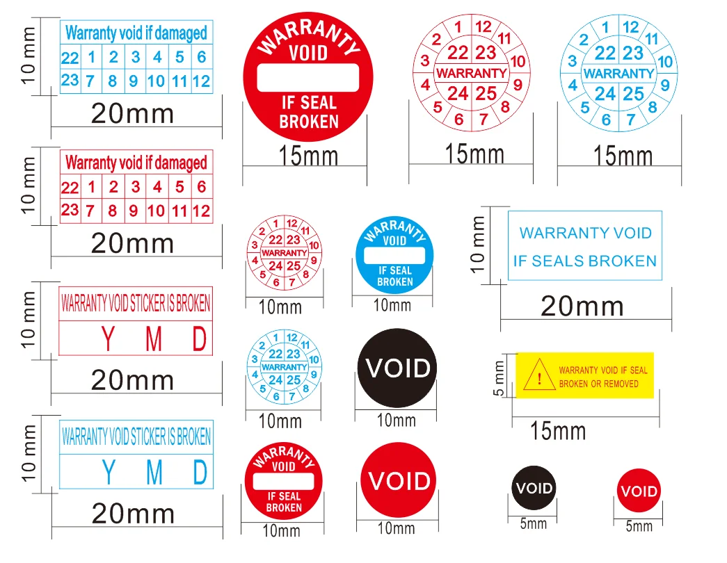 

Universal Round 5/10/15mm Rectangle 20*10mm 200 PCS/lot Laptop/Ipad Warranty Sticker Destructive Fraigle Seal Label Date sticker