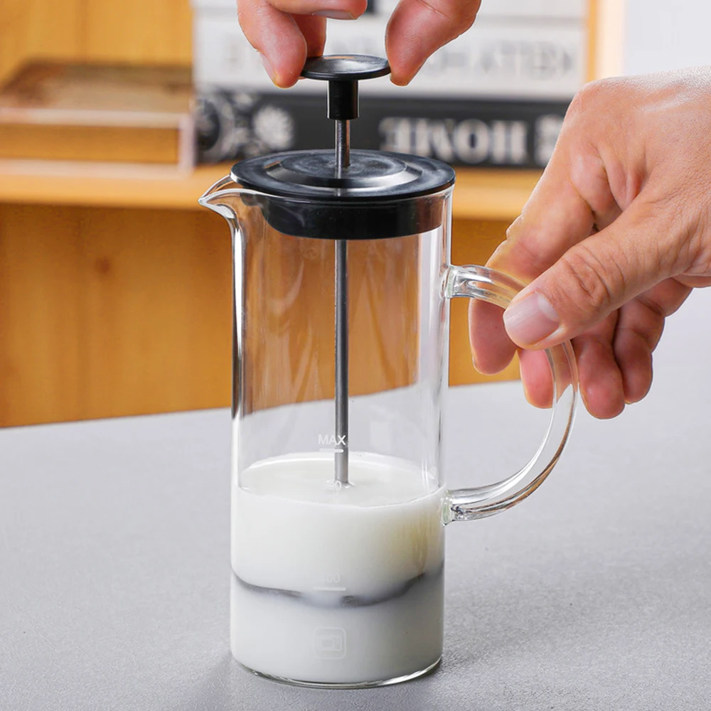 Manual Milk Frother Glass Milk Foamer Coffee Pot Glass Mesh 