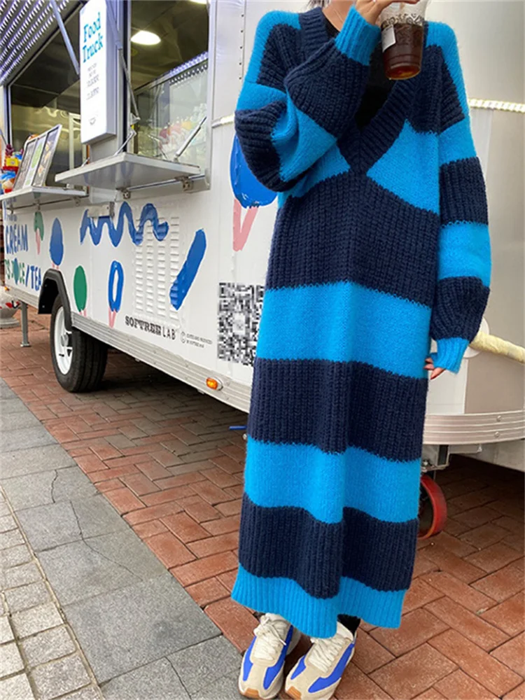 

Женское платье-свитер Hsa, синее, розовое, плотное, зимнее, осеннее, с длинным рукавом, вязаное, макси, винтажное, оверсайз, вязанное, с v-образным вырезом, джемперы