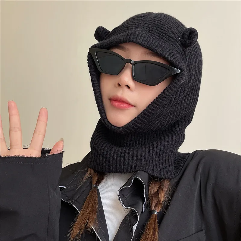 

2022 Bear Ears Y2K Balaclava Men Women Winter Neck Protection Hat Unisex Knitted Woolen Cap Unisex Ski Beanie Hooded Wholesale