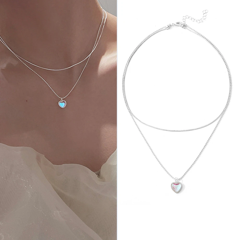 

Ins Silver Color Double Love Heart Moonstone Pendant Necklace For Women Gift Sparkling Gradient Gemstone Clavicle Chain Choker