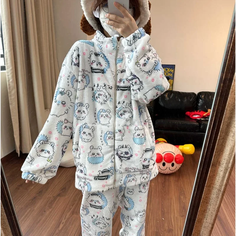 Аниме мультфильм Momo Chikawa воротник-стойка на молнии фланелевая пижама Kawaii зимняя