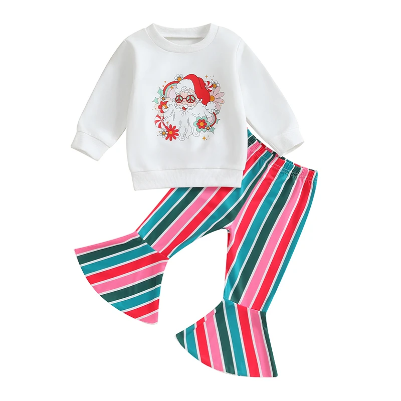 

Toddler Girls Christmas Pants Sets Long Sleeve Santa Claus/Tree Print Sweatshirt Tops Striped Flared Pants Sets