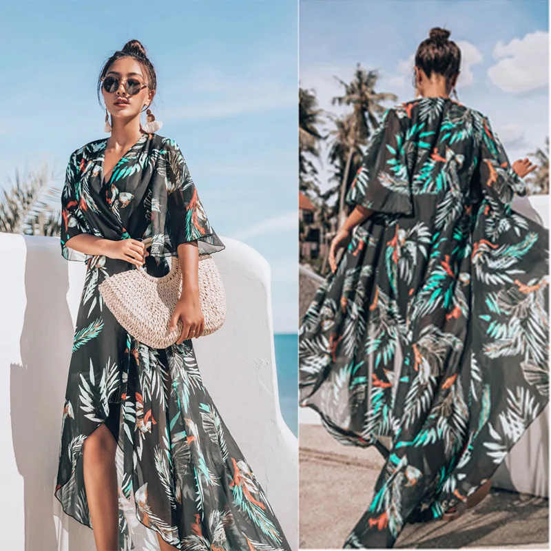 

Chiffon Beach Bikini Cover Up Sunscreen Clothes Dress Bikini Beach Wear Print Bandage Vacation Outfits Summer Beachwear Coverups