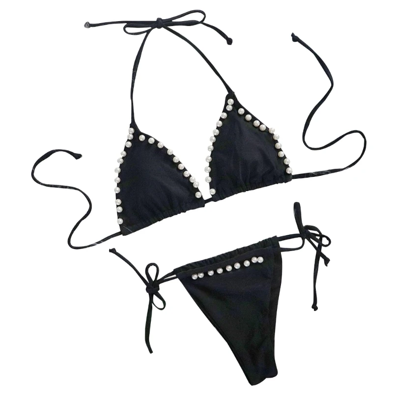 

Новинка 2022, женский купальник из двух предметов, купальники с жемчугом, Женский комплект бикини с лямкой на шее, купальный костюм со стринга...
