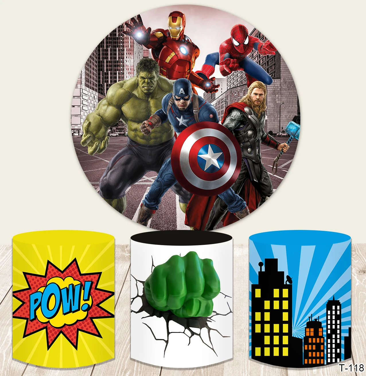 

Superhero Avengers Theme Circle Cover Boy Birthday Backdrop Spiderman Hulk Iron Man Captain America Round Cylinder Cover Prop