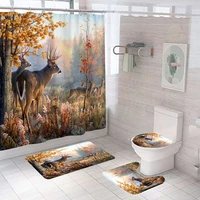 4pcs forest family deer shower curtain set wild animal wildlife bath curtains tree maple leaf bathroom rug mats toilet lid cover