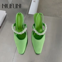 solid color beige pearl beaded womens sandals slippers summer fashion macaron color square toe hollow slip on slides stiletto