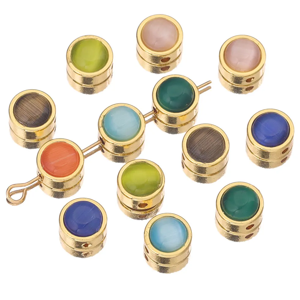 

5pcs Round Natural Cat Eye Stone Pink White Stainless Steel Charm Beads for Jewelry Making Diy Bracelets Necklace Waist Material