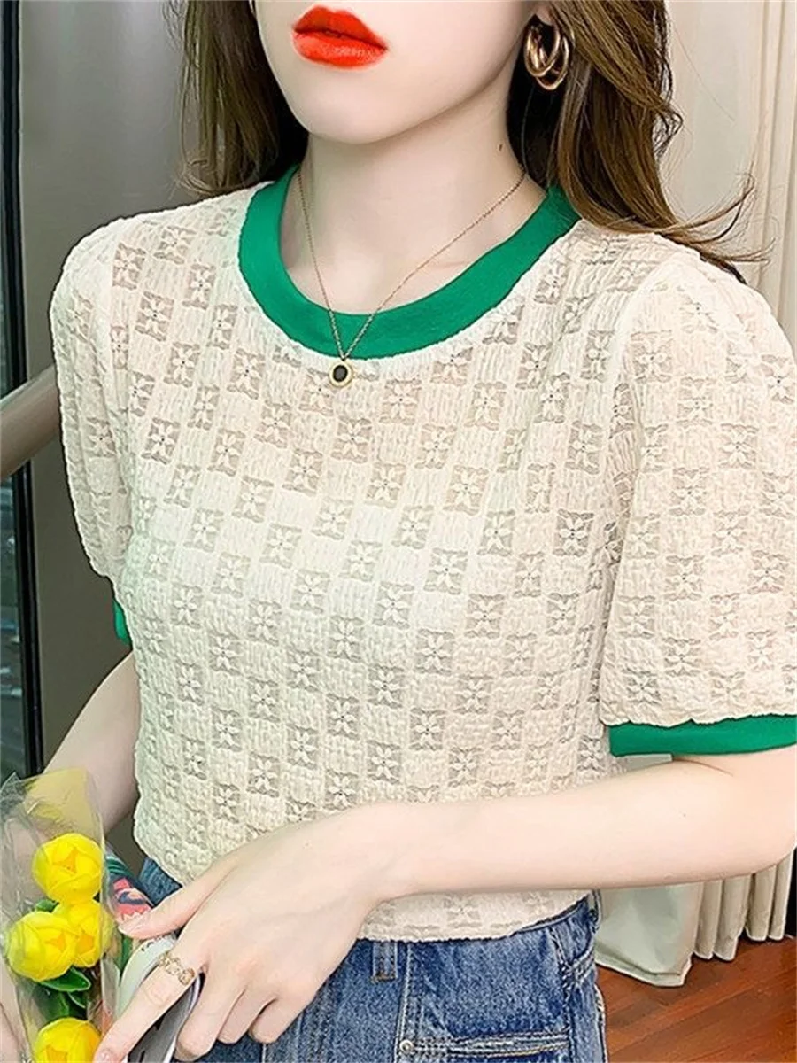 

Женские Летние Стильные кружевные блузки, свободные кружевные блузки с коротким рукавом и круглым вырезом ZZ1452