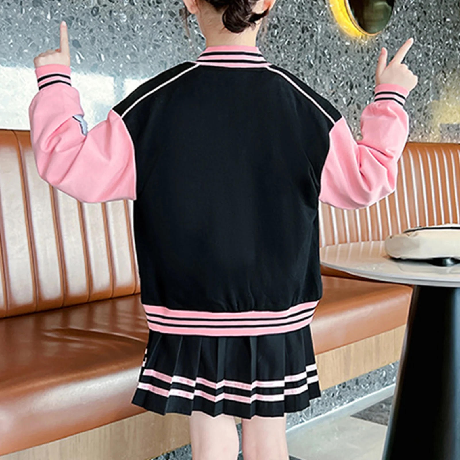 Young Girls Casual Baseball Outfits Sports Tracksuit Patchwork Button Coat Jacket + Pleated Swing Skirts Suit Kids Outerwear Set